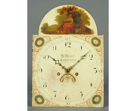 An early 19th century longcase clock movement, with dial by Mitchell of Cockermouth, with weight and pendulum, thirty hour.  