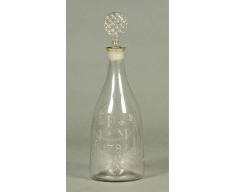 A George III rum decanter, etched with date "1791".  Height 31 cm (see illustration).   CONDITION REPORT:  The decanter is in