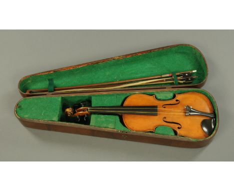 A violin, with facsimile Antonius Stradivarius label, a W. Dollenz Liepzig bow and an unmarked bow, cased. 