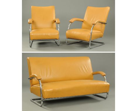 A PEL (Precision Engineering Limited) Art Deco tubular chrome three piece lounge suite, later upholstered in beige leather, e