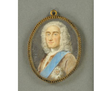 A Georgian portrait miniature, on ivory, Philip Chesterfield.  54 mm x 43 mm, in brass frame.    CONDITION REPORT:  The minia