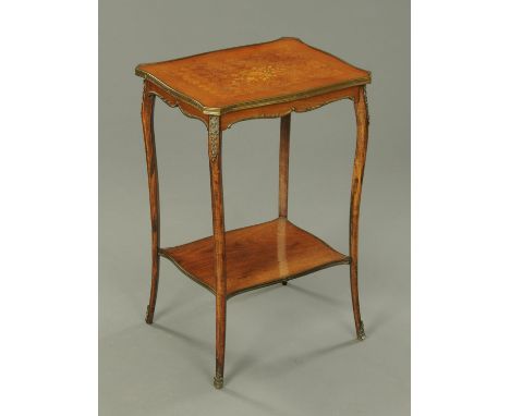 An Edwardian parquetry and floral marquetry occasional table, with metal bound edge and mounts, raised on cabriole legs with 