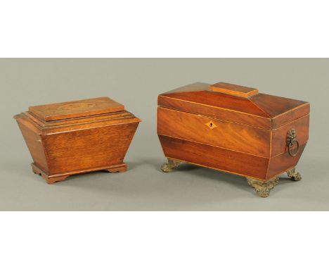 A Regency mahogany sarcophagus tea caddy, and a smaller inlaid mahogany caddy.  Longest 26 cm. 