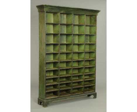 A 19th century green painted shelf unit, inverted graduating and raised on bracket feet.  Width 160 cm, height 220 cm, depth 