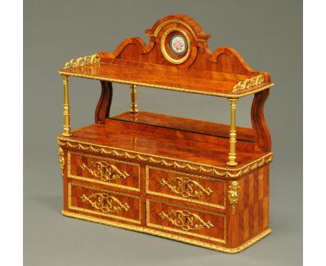 A late 19th/early 20th century kingwood parquetry hanging shelf unit, with metal mounts and mirror.  Width 70 cm (see illustr