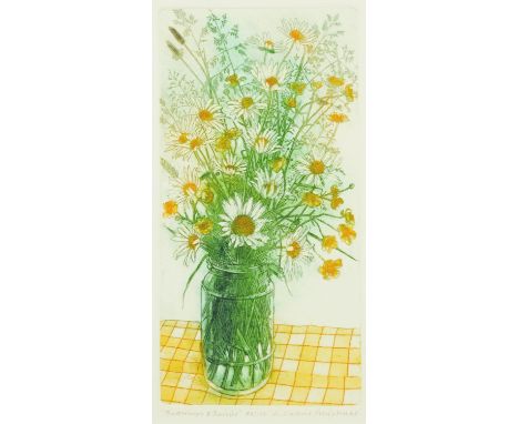 L. Valerie Christmas, etching, "Buttercups and Daisies".  30 cm x 15 cm, framed, signed.