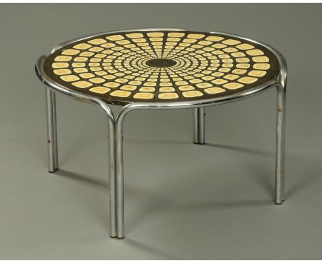 A late 1960's/70's circular chrome coffee table, with enamel painted top.  Diameter 78 cm. 