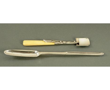 A Georgian silver marrow scoop, London 1748, and a stilton trowel, Birmingham 1810 (see illustration).   CONDITION REPORT:  T