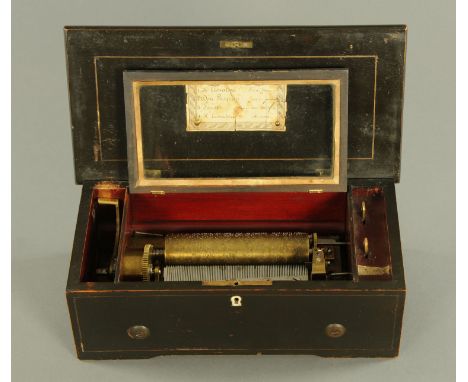 A 19th century Swiss musical box, playing four airs.  15 cm cylinder, case width 35 cm.    CONDITION REPORT:  There are light