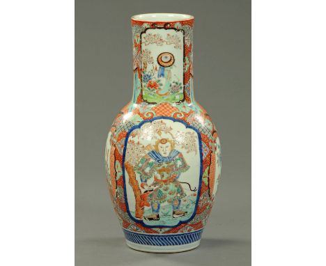A large Japanese Hichozan Shinpo-sei porcelain vase, figural and foliate and decorated in bright enamel colours, with six cha