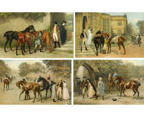 After Haywood Hardy, Victorian print, figures outside a chapel, 45 cm x 70 cm, and three further prints after S.E. Wallen (se