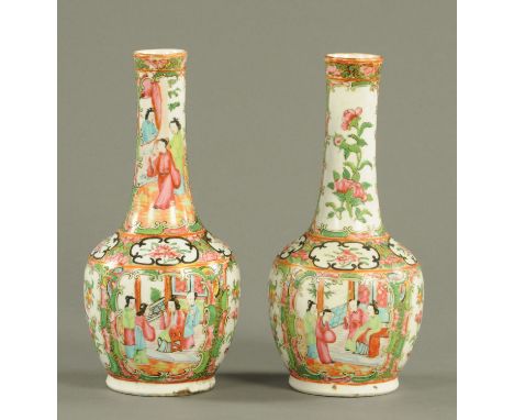 A pair of 19th century Cantonese club shaped vases, figural.  Height 25 cm.    CONDITION REPORT:  Gilding rubbed to each and 