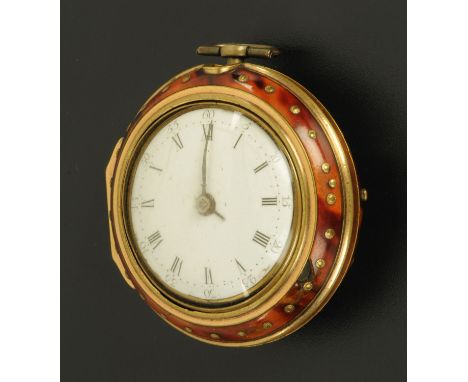 An 18th century pair cased verge pocket watch, by J. Dyoll, London, the brass case with gold coloured metal over and tortoise