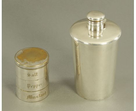A silver plated cylindrical travelling condiment set, and a similar drinks flask with two tumblers.  Tallest 15 cm. 
