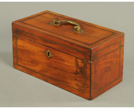 A Regency mahogany brass strung tea caddy, with swans neck carrying handle.  Length 31 cm. 