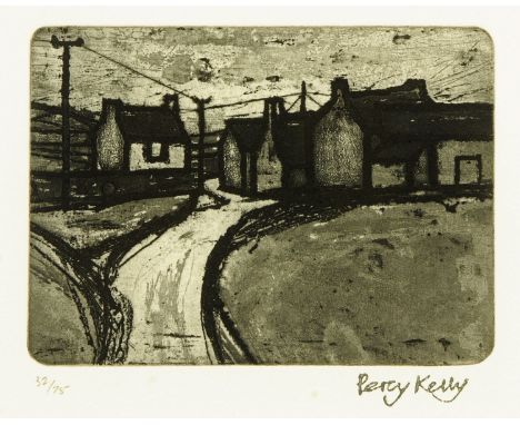 Percy Kelly, Limited Edition etching 32/75, street scene.  13 cm x 18 cm (see illustration).