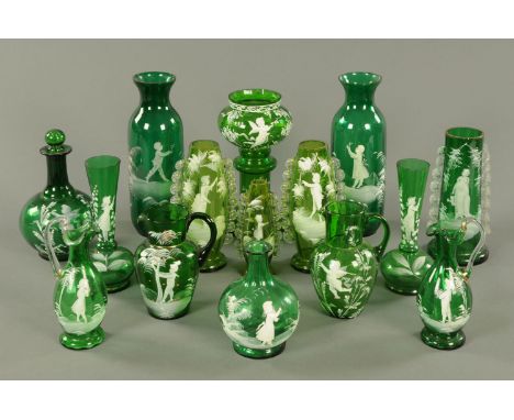A collection of 15 pieces of Victorian green Mary Gregory type glassware, comprising large pair of vases, pair of vases, jugs