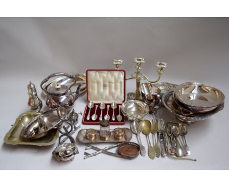 A substantial lot of EPNS and silver plate items, to include a set of six EPNS teaspoons in a Harrods box, a silver plate sug