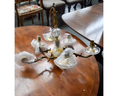 An early 20th century glass and gilt metal five light candelabra, 60cmL