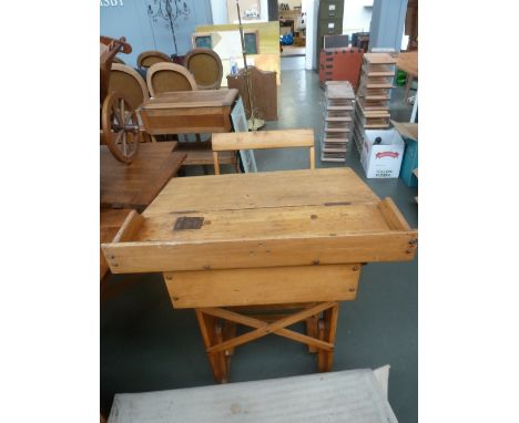 A vintage pine school desk with attached seat and desk 67 x 100 x 91cmH