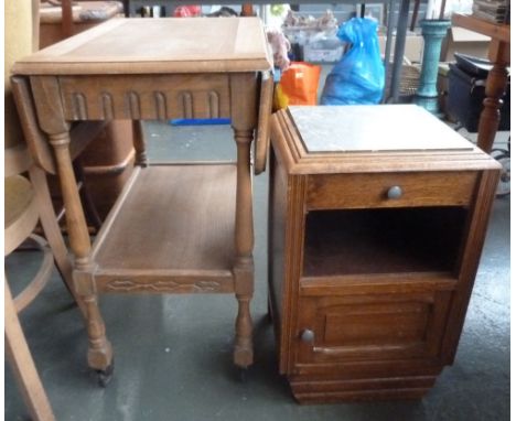 A small side table with marble top one drawer over one shelf over one cupboard door 39 x 34 x 59cm together with a wooden tro