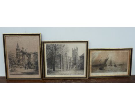 Three framed prints, Queens College Cambridge by H.Toussaint - 1880, Ships at Sea by W L Willie and Tower of Two Wardens by G