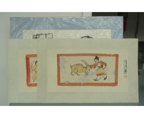 Six Chinese prints featuring men with animals together with a silk work of a  scribe (7)