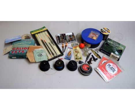 A box of vintage fishing tackle to include Wheatley Silmalloy with a selection of trout and seatrout wet flies; mixed floats 