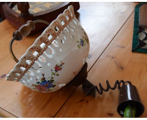 A French hanging ceiling uplighter with metal frame and ceramic floral base