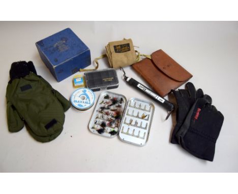 Wheatley alloy wet fly box with approx. 30 flies; Leather fly wallet with 4 chamois leather envelopes 16.5cm x 15.5cm; Master