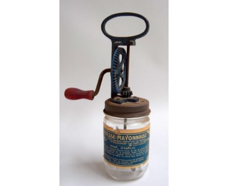 Vintage kitchenalia: Fupa "Vitesse-Mayonnaise" - a hand operated mayonnaise blender with label and instructions to glass jar