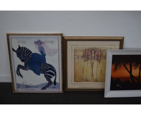 A selection of prints including an A.E Marty print of a lady riding a zebra, a Rennie Mackintosh mural print and a Stanley Cu