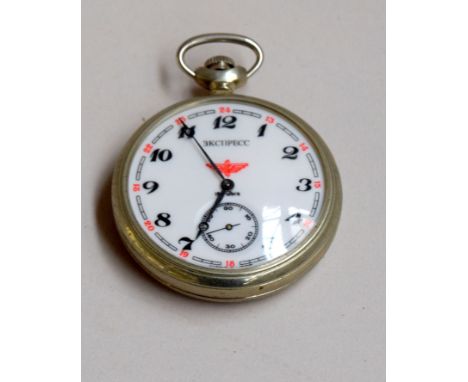 A stainless steel pocket watch, the enamel dial labelled with Russian letters and 'Made in the USSR', subsidiary seconds dial