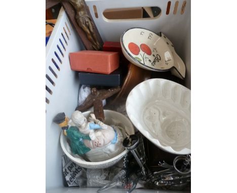 A mixed lot, to include a number of vintage jelly moulds, two large crucifixes, a lighter and other items