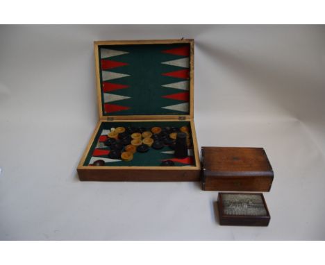 Two wooden jewellery trinket boxes, together with a wooden box with a backgammon box game