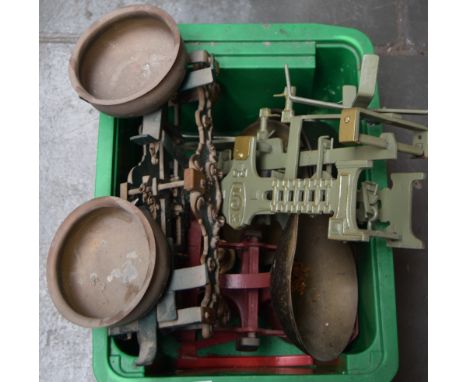 Three vintage kitchen scales, one with weights