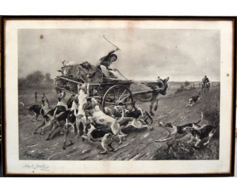 After Alfred W. Strutt a 19th centruy lithograph of a woman, donkey and cart with hounds baying at hunted fox, signed lower l