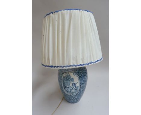 Blue and white porcelain vase table lamp decorated with grapes and a view of Ehrenfels Castle, 46cmH