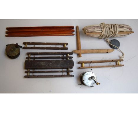 Vintage hand lines including one "Shot & Gaps"; a brass 2" reel and an alloy "Hughes Patented" 2" reel (7)