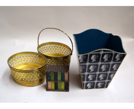 Two metal baskets, together with a penny black waste paper bin and a vintage small paper bookshelf