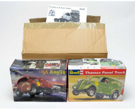 Two Revell scale model kits, comprising: '51 Anglia, and Thames Panel Truck, 1:25 scale; together with one further Mad scale 