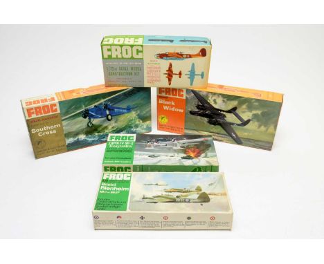 Five boxed Frog model construction kits, Orange and Green Series, military aircraft, 1:72nd scale.