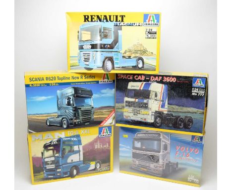 Five boxed Italeri scale model trucks, 1:24 scale, comprising: No. 3811, 724, 3858, 777 and 3816.