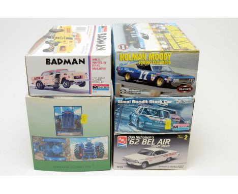 Five boxed scale model vehicles, comprising: Monogram 1:24 scale Bad-Man 1955 Chevy Street 'Funny Car', Universal Hobbies For