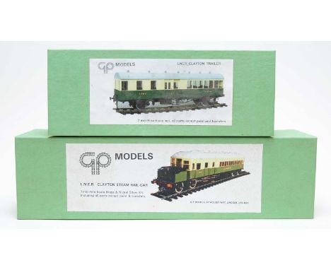 Two boxed GP models, comprising LNER Clayton steam rail-car, and LNER Clayton trailer, 7mm scale, unassembled kits.