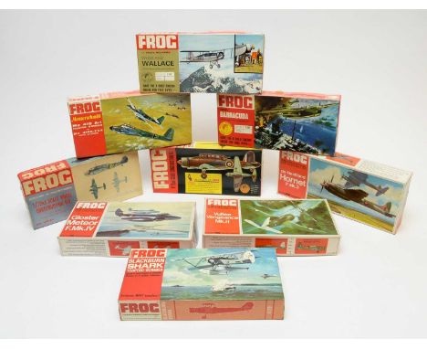 Nine boxed Frog model construction kits, red box series, military aircraft, 1:72nd scale.