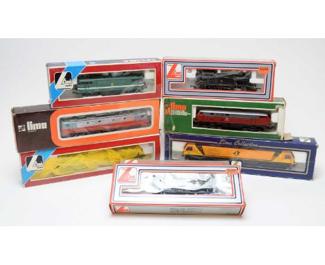 Eight boxed LIMA 00/HO-gauge model trains.