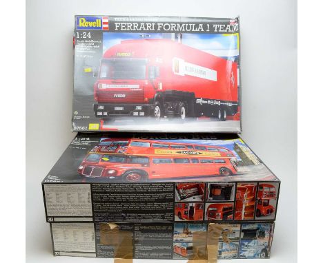 Three Revell scale model vehicles, 1:24 scale, comprising: No. 07651 London bus, 07566 Koln-Truck, and 07561 Ferrari Formula 