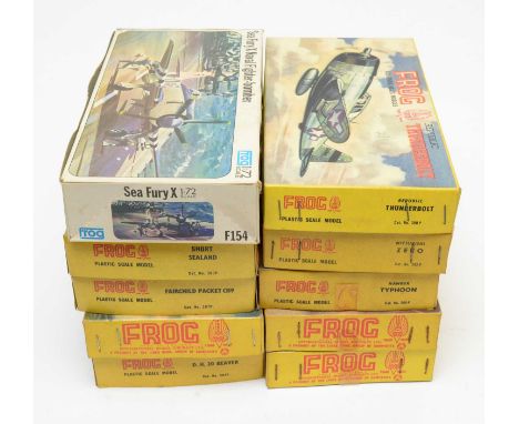 Ten boxed Frog model construction kits, predominantly yellow series, with the exception of one, military aircraft, 1:72nd sca