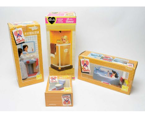 1970's boxed Sindy bathroom fixtures, comprising: bath, toilet, wash basin and shower.